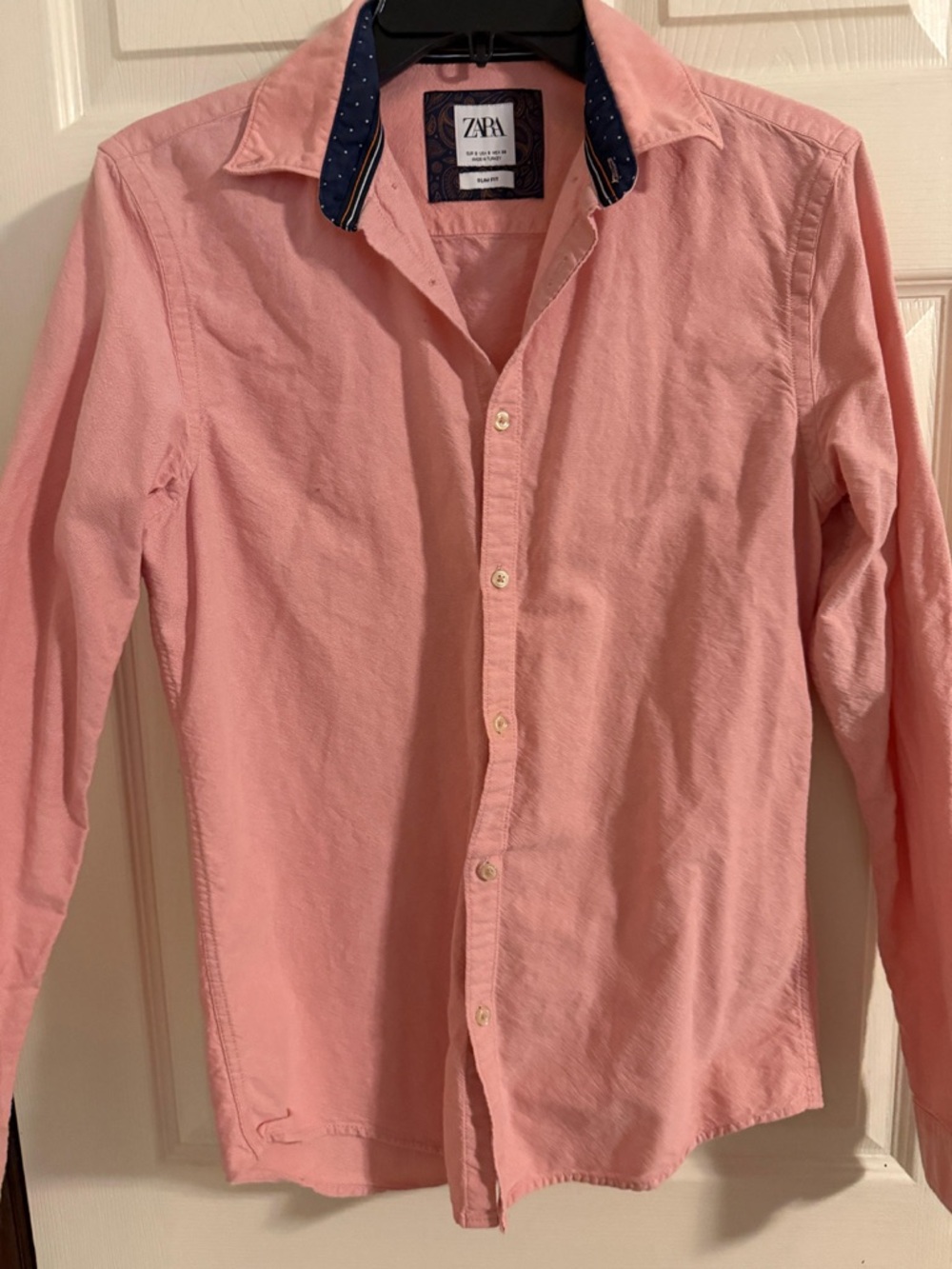 Zara Pink Button-Up Shirt with Navy Polka Dot Inner Collar - Picture 3 of 4